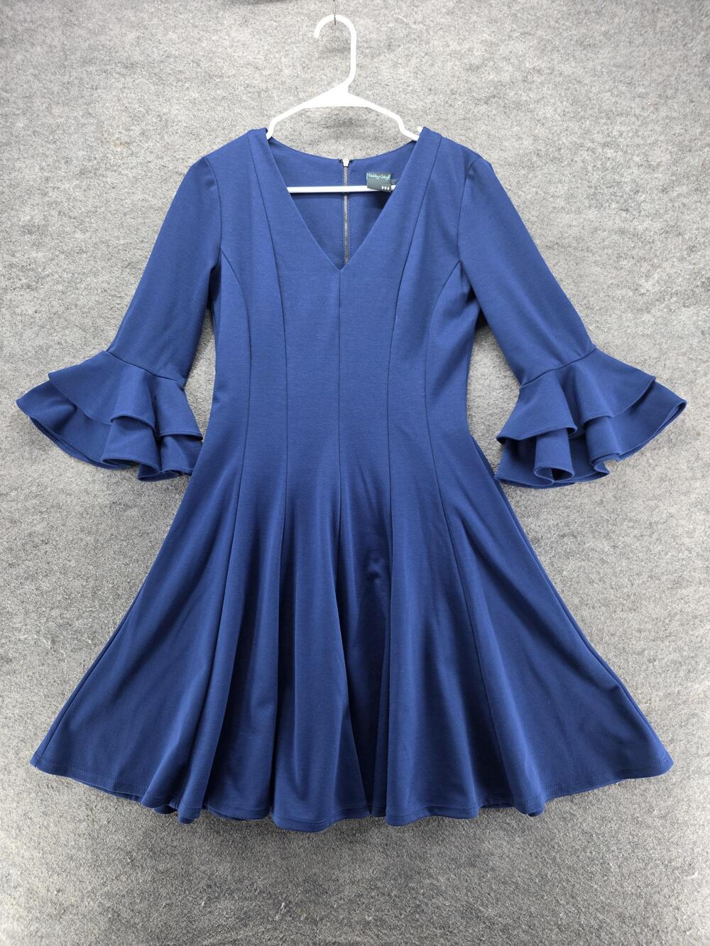 Gabby Skye Dress Womens 6 Blue Fit & Flare Knee V-Neck Bell Sleeve Ruffle